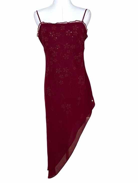 Unbranded Dresses & Skirts - Vintage Y2K Burgundy Floral Beaded Lace Trim Strappy Maxi Dress Asymmetrical Hem